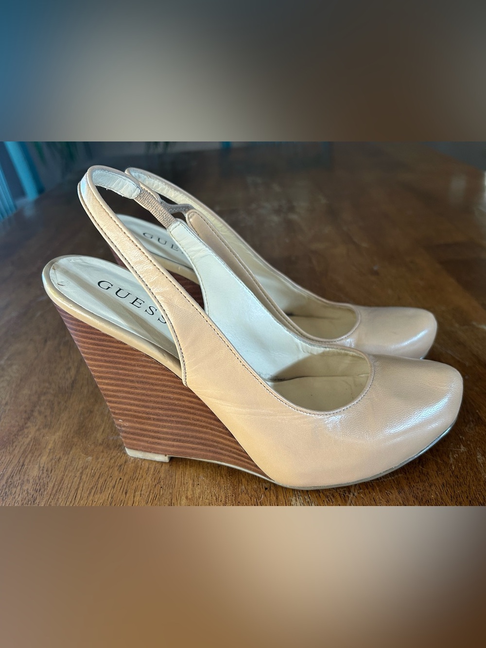Guess GWRusso Designer Leather Slingback Wedge Platform Nude Sandals Sz 8